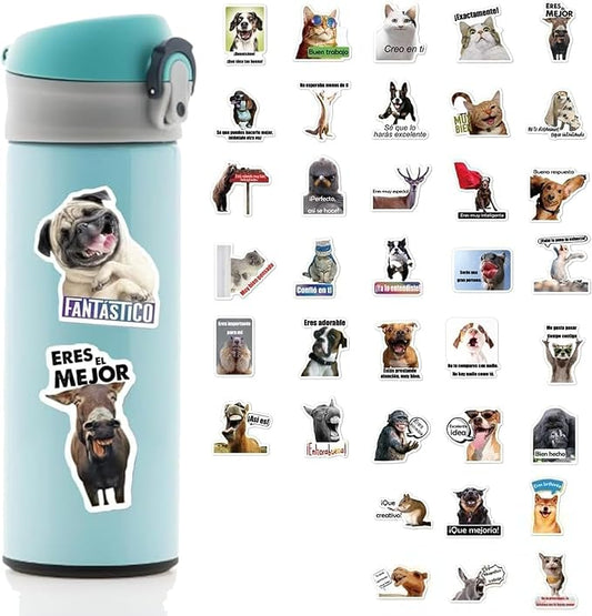 Funny Spanish Cat & Dog Meme Stickers, Waterproof Vinyl Animal Decals for Water Bottles & Laptops, Hilarious Spanish Teacher Supplies & Student Gifts