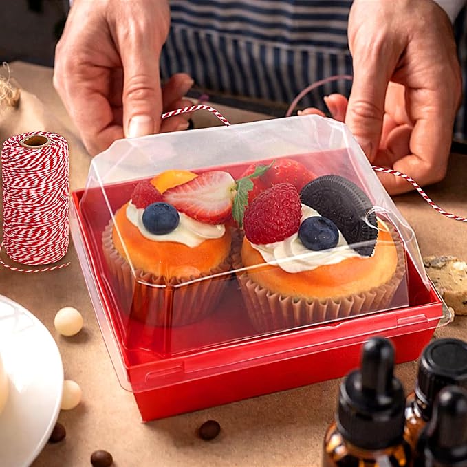 Jetec 150 Pack Charcuterie Boxes with Clear Lids and Rope 4 Inches Cake Disposable Square Dessert Food Box Containers with Lids for Bakery Macaron Cookies Strawberries Fruits Display (Red)