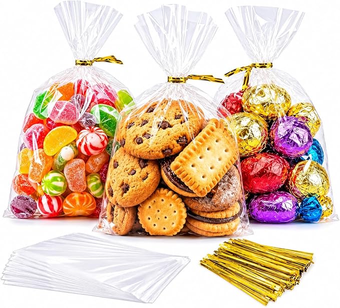 LOKQING Cellophane Bags Plastic Treat Bag Clear Cookie Candy Bags with Twist Ties for Party Favor Bag, Graduation Gift Bags(100 Pack, 5x7inch)