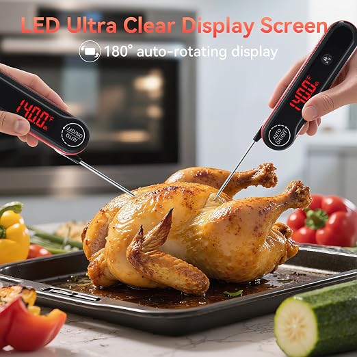 0.3s Ultra‑Fast Instant Read Meat Thermometer, IP67 Waterproof Food Thermometer with Rotating Display & Calibration Function for Grill BBQ Frying Kitchen Cooking(Red)