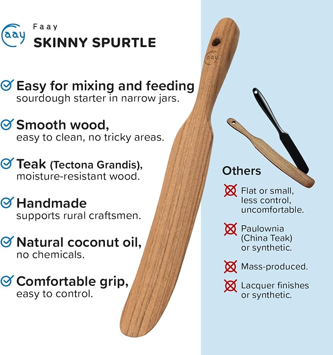 FAAY Teak Wooden Skinny Spurtle Spatula for Sourdough Starter & Jars | Slim angled tip reaches jar bottoms and pan corners; ergonomic teak handle, no lacquer, coconut oil finish, nonstick-safe.