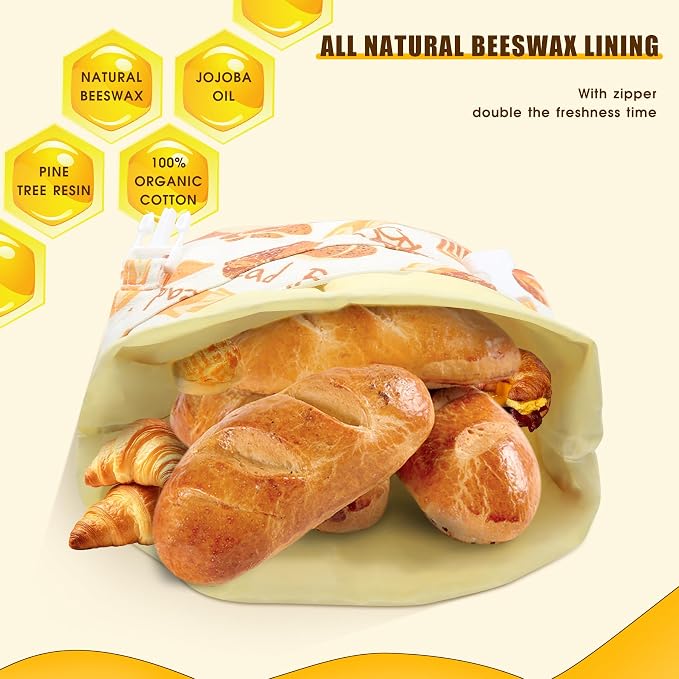 2 Pack Beeswax Bread Bags for Homemade Bread, Sourdough, Reusable Bread Bag XL Eco-Friendly Fresh Food Storage with Buckle & Zipper, Moisture Lock, Keeps Bakes Fresh Longer