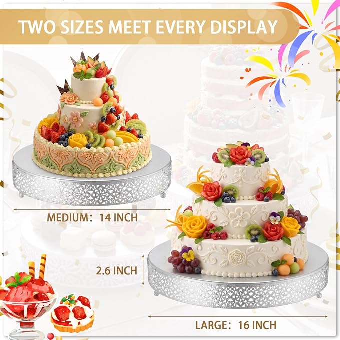 Wenqik 2 Pack Cake Stand Set, 14/16 Inch Metal Round Dessert Cupcake Stand Elegant Cake Decorative Display for Weddings Party Birthday Anniversary, Classic Floral, Silver