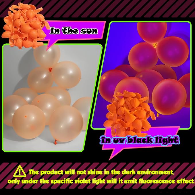 100 Pcs UV Neon Orange Balloons 12 inch Neon Party Supplies, Balloons, Glow in the Dark for Birthday, Graduation, Baby Shower,Wedding, Anniversary Valentines Party Decorations