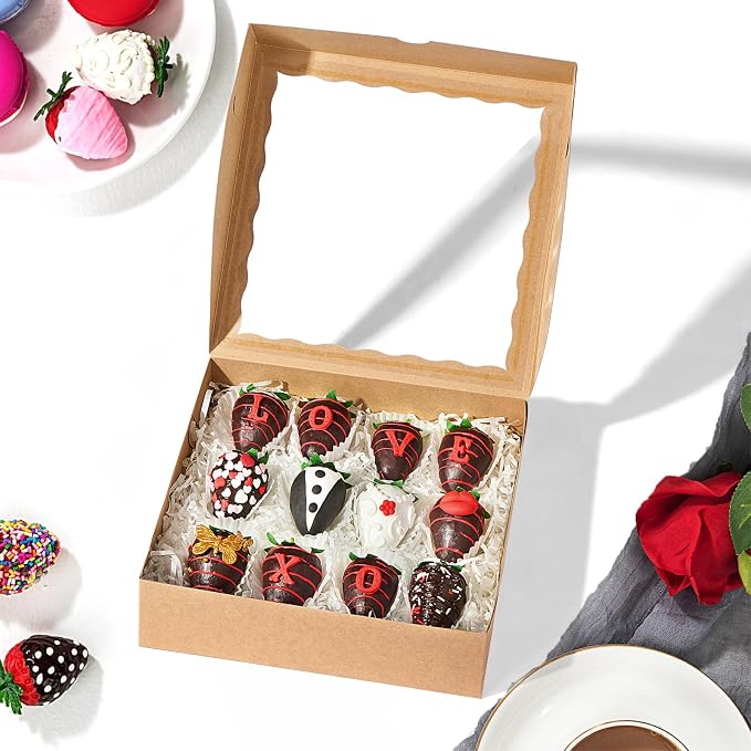 6PCS 9x9x2.5 Inches Brown Bakery Boxes with Window, Pastry Box for Chocolate Strawberries, Macarons, Truffles, Perfect for Thanksgiving Day, Mother's Day, Christmas Party Favors & Holiday