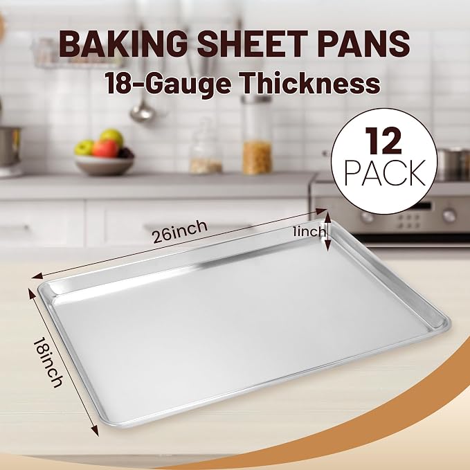 BIEAMA 12 Pack Full Size Baking Sheet Pan Aluminum Commercial Pan for Oven Freezer Bakery Hotel Restaurant 26" × 18"