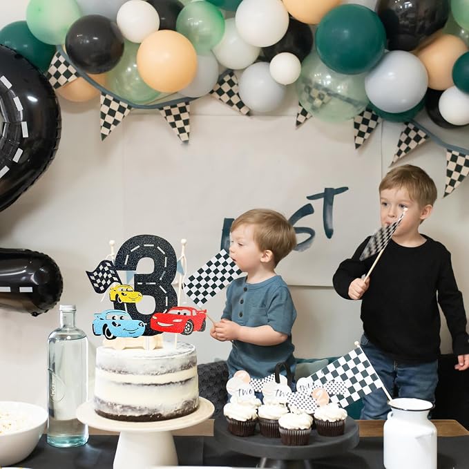 MEMOVAN Race Car 3rd Cake Topper 3th Racing Car Birthday Cake Topper Decoration for Racing Car Checkered Flag Themed Girl Boy 3 Years Birthday Party Supplies Double Sided