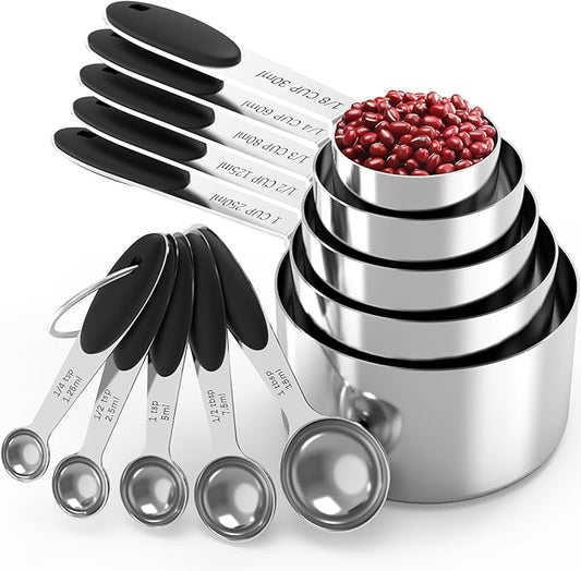 TILUCK Stainless Steel Measuring Cups and Spoons Set with Silicone Handle – Nesting Design for Space-Saving, Heavy Duty & Dishwasher Safe for Dry/Liquid Ingredients, Cooking & Baking (10)