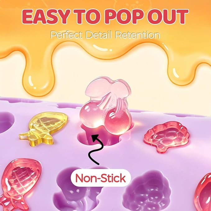 Fruit Snack Molds, 4pcs Gummy Molds Silicone Chocolate Candy Molds With 2pcs Dropper, Including Mini Pineapple, Banana, Cherry, Apple, Grape Shape