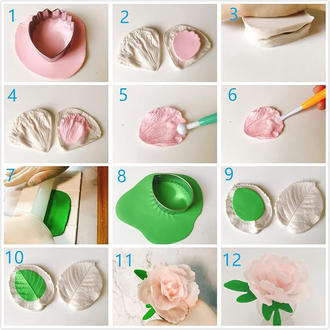 Gum Paste Flower and Leaf Tools Kit 10 Sugar Flower Modelling Tools 6 Cake Brush 4 Flower Petals Ball Tools 4 Frilling Stick 1 Fondant Flower Veining Board 1 Foam Pad 1 Silicone Mat 1 Rolling Pin