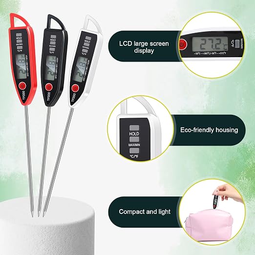 Copkim 3 Set Waterproof Food Thermometer for Water, Liquid, Candle and Cooking Digital Meat Thermometer with Long Probe Instant Read for Kitchen BBQ Grill Candy (Black,White,Red)