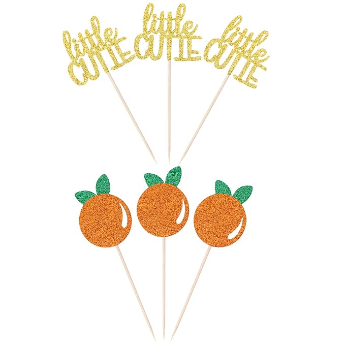 24 PCS Little Cutie Cupcake Toppers Glitter Orange Cupcake Picks for Citrus Theme Baby Shower Kids Birthday Party Cake Decorations Supplies