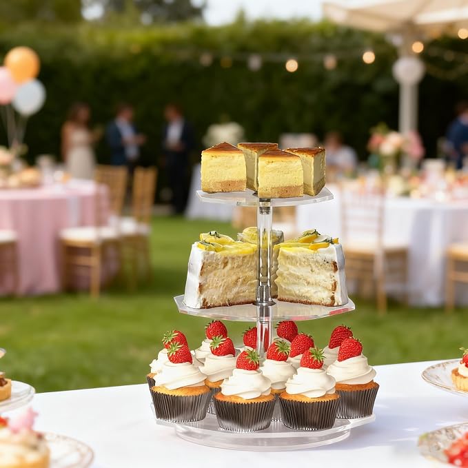 3-Tier Rotating Cupcake Stand, Clear Acrylic 360° Spinning Dessert Display Tower for Cakes & Pastries, Serving Stand for Weddings, Birthdays, Parties - Polygon