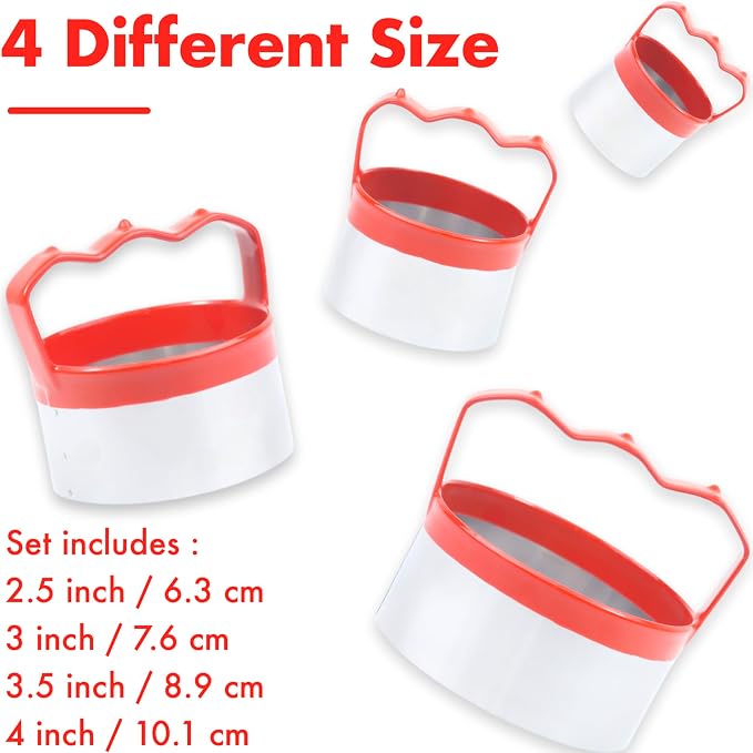 4-Piece Round Cookie & Biscuit Cutters Set - Ergonomic Design, Red Silicone Grip, 0.4mm Stainless Steel, Ideal for Baking Fun Treats, Sizes: 2.5", 3", 3.5", 4"