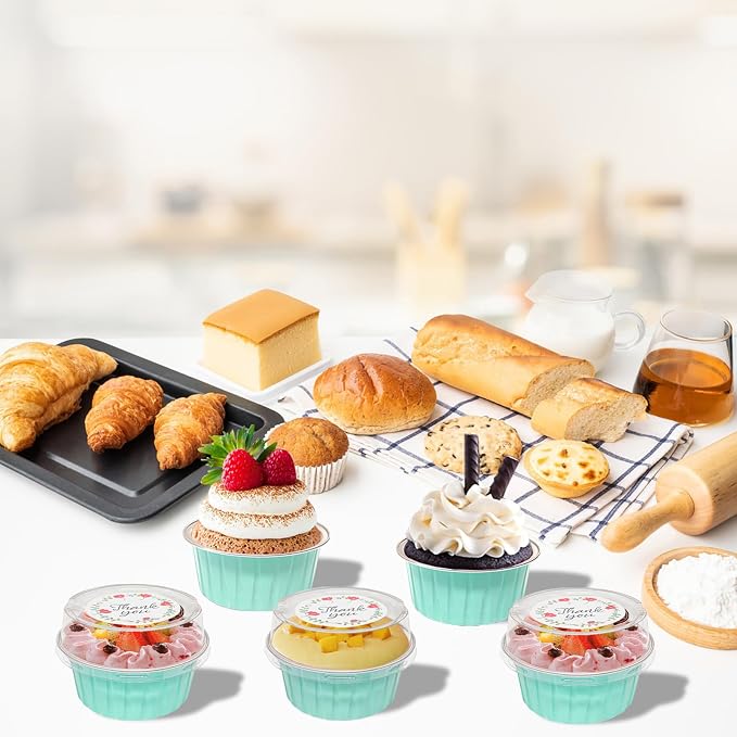 100 PCS Mini Cake Pans with Lids and 100 PCS Spoons,Aluminium Foil Baking Cups, 5 oz Disposable Baking Cups Foil Ramekins For Party Birthday Wedding Valentines (cyan blue)
