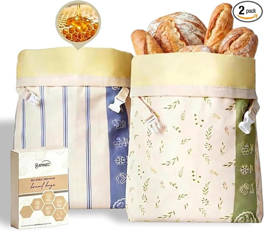 Reusable Beeswax Bread Bags, Bees Wax Lined Cotton Linen Bags for Sourdough & Homemade Bread Storage, Freezer Safe & Airtight to Keep Fresh, 2 Pack 17x13 Inch