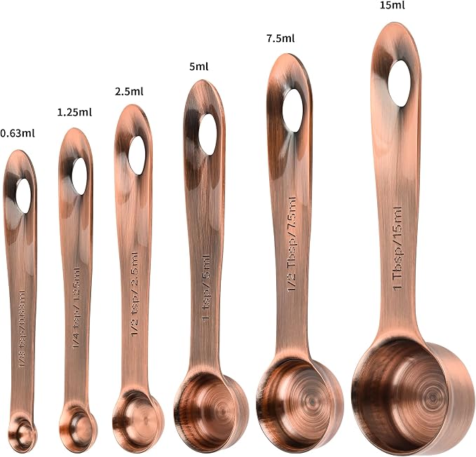 Copper Measuring Spoons Set, Stainless Steel Measuring Spoons Set 6, Metal Measuring Teaspoon & Tablespoon for Baking, Both Imperial & Metric Measuring Tools for Liquid & Dry