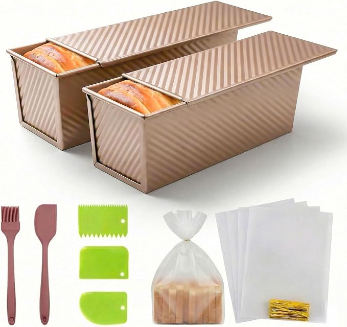 2 Pack Pullman Loaf Pan with Lid - 2.2LB Non-Stick Bread Pan, Carbon Steel Square Toast Mold with Silicone Spatula & Oil Brush, Baking Kit for Homemade Sandwich & Sourdough, Housewarming Gifts
