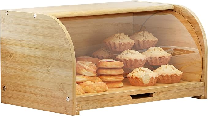 Roll Top Bread Container for Kitchen Countertop, Bamboo Bread Box with Clear Lid, Bread Container Storage（Bamboo with cutting board）