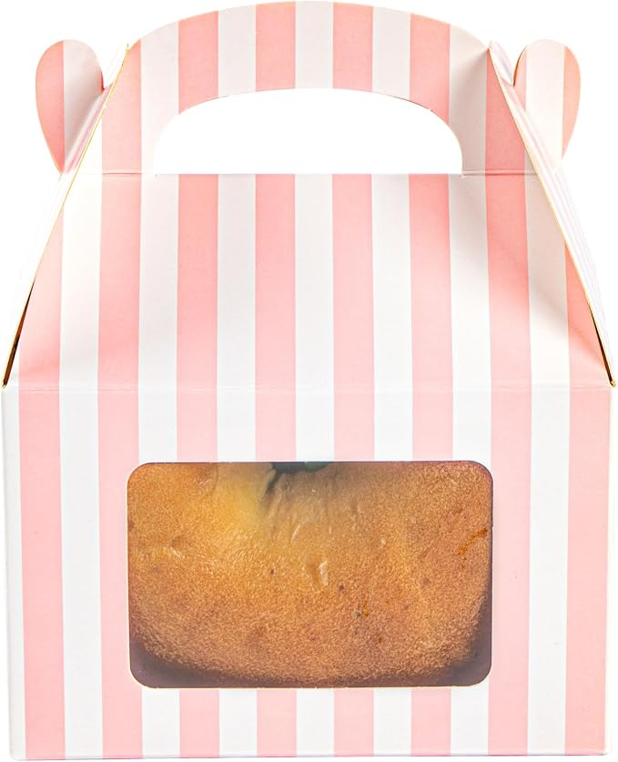 Bio Tek 4 x 2.5 x 2.5 Inch Gable Boxes For Party Favors, 25 Attractive Gift Boxes - Striped Pattern, Pink And White Paper Barn Boxes, Clear PET Window, With Built-In Handle