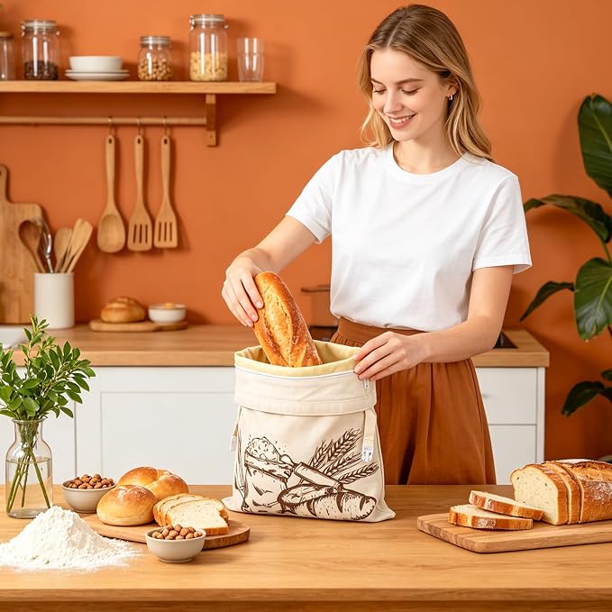 Augshy 2-Pack Beeswax Bread Bags for Homemade Bread 17 inches x 13 inches Reusable Sourdough Bread Bags with Zipper Handle Beeswax Lined Linen Bread Storage for Freshness Artisanal Loaves Baguettes