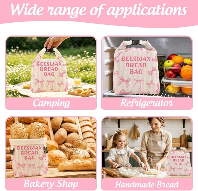 2 Pack Beeswax Bread Bag for Homemade Bread, Reusable Natural Beeswax Storage Bag, Pink Bow Decoration, Reusable Linen, Food Storage Cloth Bag with Buckle, Home Portable Supplies 13 * 17IN