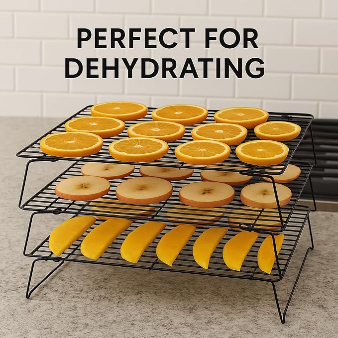 3 Tier Stackable Cooling Rack for Baking – 15.75" x 10" Carbon Steel Wire Cookie Cooling Racks, Multi-Level Stackable Cookie Rack for Cakes, Pastries & Fruit – Collapsible & Dishwasher Safe