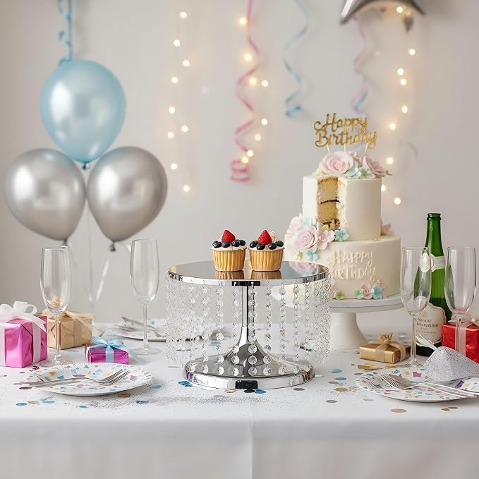 Cake Stand for Dessert Table 12 Inch Silver Crystal Pendants Metal Cake Stand Serves as A Round Dessert Cupcake Display Plate for Table, Wedding, Party, Event