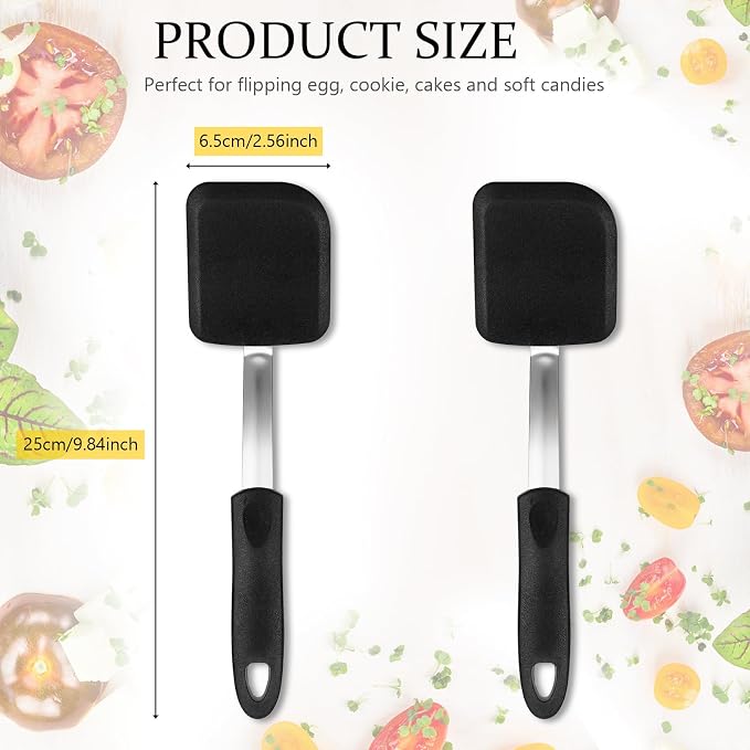 Silicone Cookie Spatula Turner 2 Pack Mini Brownie Spatula Flexible Kitchen Small Silicone Turner for Nonstick Cookware Heat Resistant No Scratch Flipper for Pancake(Solid Flat,Black)
