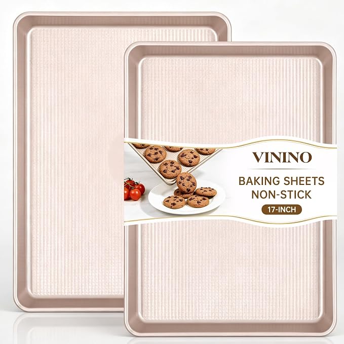 Vinino 17Inch Baking Sheet Set of 2, Cookie Sheets For Baking with Square Texture Pattern, Thicker Carbon Steel Non-stick Baking Pan, Half Roll Pans Tray for Oven