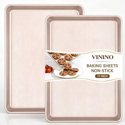 Vinino 17Inch Baking Sheet Set of 2, Cookie Sheets For Baking with Square Texture Pattern, Thicker Carbon Steel Non-stick Baking Pan, Half Roll Pans Tray for Oven