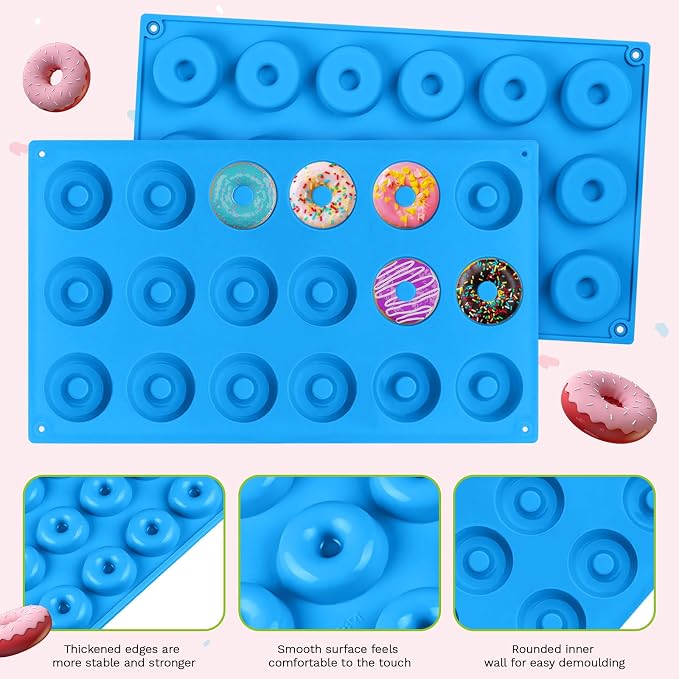 2er Pack Silicone Donut Mold - Non-Stick Silicone Doughnut Pan DIY Chocolate Baking Cookie Molds, Heat Resistant, Make Donut Cake Biscuit Bagels, BPA Free Dishwasher Safe (blue, 18 Cavities)