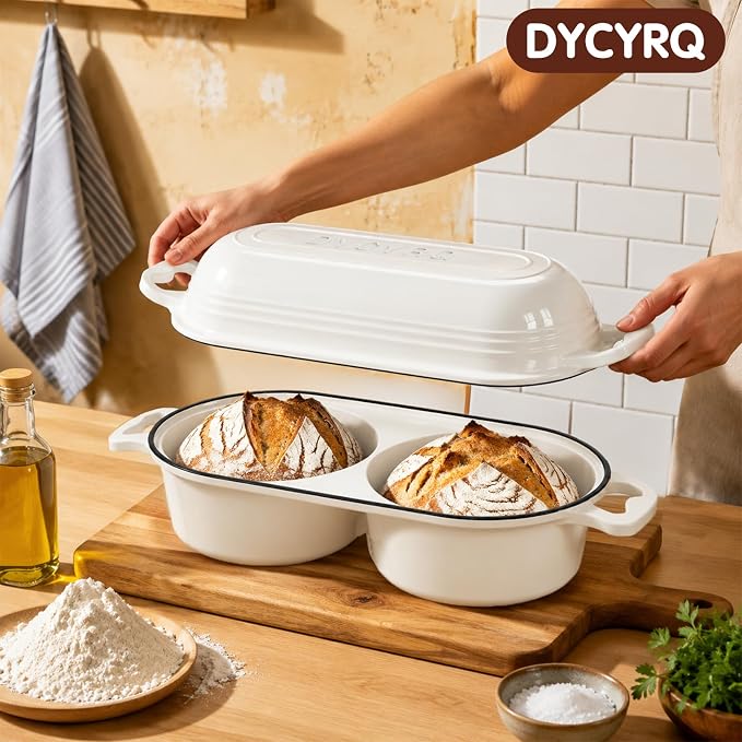 Dutch Oven For Sourdough Bread Baking – Enameled Cast Iron Dutch Oven Pot with Lid, Double Bread Loaf Pan – 500°F Oven Safe Non Stick Bread Pot for Homemade Bread, Meatloaf, Cake–Round Loaf Space, Even Heating– Cream White