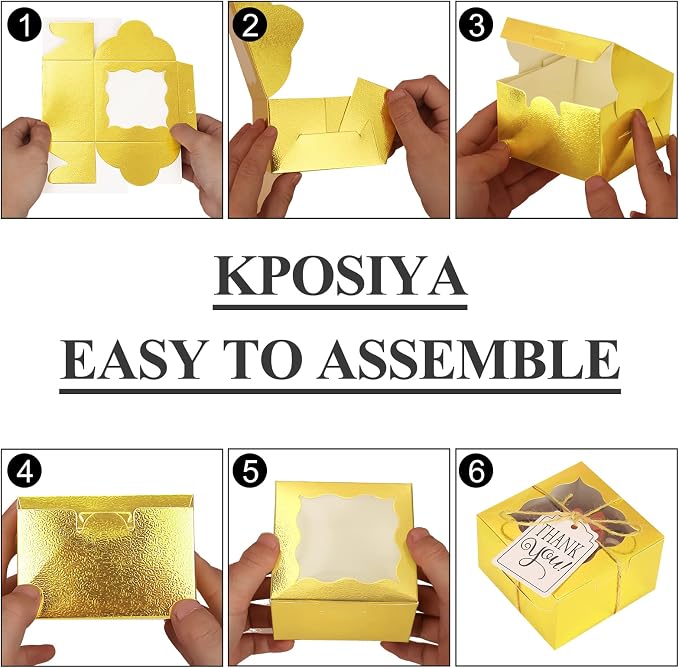 KPOSIYA 60 Pcs Gold Bakery Boxes with Window Individual Cupcake Boxes 4x4x2.5 Inches Cookie Boxes Kraft Paper Gold Gift Box for Pastries, Cookies, Pie, Donuts, Macaroon