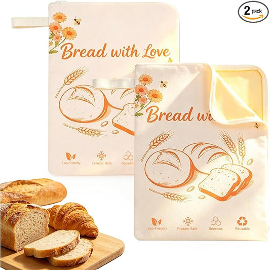 Beeswax Bread Bags with Extra-Wide Zipper Access, 2 Pack XL (13x17in) – Reusable Organic Beeswax-Coated Linen Cotton Storage Bags for Sourdough & Homemade Bread, Naturally Keeps Bread Fresher Longer