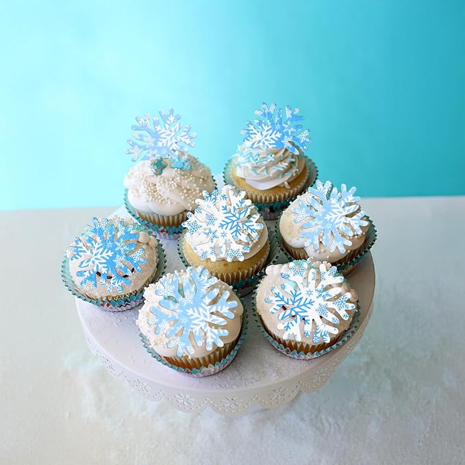 Gyufise 50Pcs Edible Snowflake Cupcake Cake Toppers Wafer Paper Snowflake Cake Decorations for Christmas Winter Frozen Theme Party Supply Decoration Multi Blue