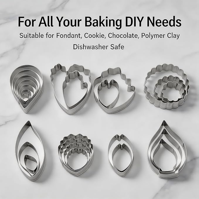 26PCS Flower Fondant Cutter Set with 4 Balls, 7 Different Flowers – Rose/Paeony/Carnation/Leaves/Small Peony/Tulip/Calla Lily Cake Decor Modeling Tools Cookie Tool Set Stainless Steel