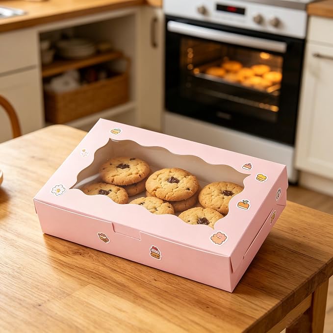 Cookie Boxes with Window Pink Bakery Boxes 7 x 4.3 x 1.5 Inch Takeout Treat Boxes for Cookies, Donuts, Pastry, Strawberries, Macarons(20PCS)