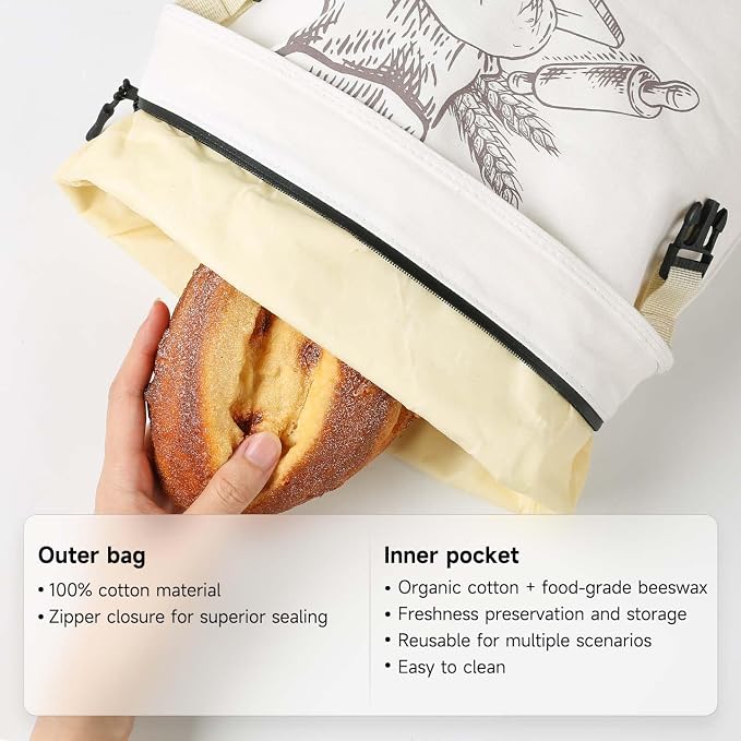 Beeswax Bread Bags for Homemade Sourdough, 2 Pack XL Reusable Organic Linen Cotton Bread Bags with Zipper Seal to Keep Bread Fresh (white and ecru)