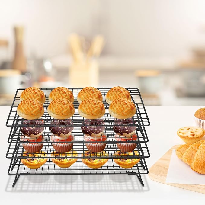 4Pcs Cooling Racks for Cooking and Baking, 4-Tier Stackable Roasting Rack, 13.4 x 9.4 Inch Carbon Steel Baking Rack for Oven Cooking, Roasting, Grilling Making Jerky (Black, 4Pcs)
