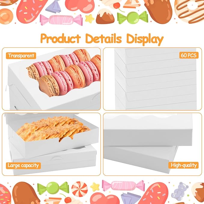60 Pack 7 x 4 3/8 x 1½ Inch Cookie Boxes with Clear Window Small White Cookie Boxes Bakery Treat Boxes for Dessert, Donuts, Pie, Candy, Macaron