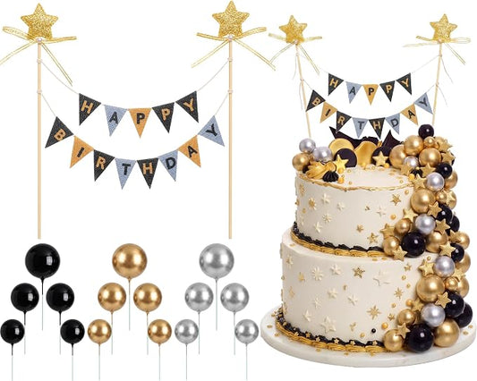16 Pcs Happy Birthday Cake Topper Cake Bunting Topper Banner with Wood Pole Rainbow Garland with Bow Ribbon Balloon, Mini Cupcake Decor for Birthday Baby Shower (Gold,Silver,Black)