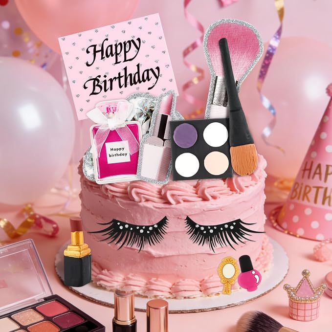 Hooqict 12Pcs Makeup Cake Decorations Set with Mini Lipstick, Mirror, Makeup Tools, Spa Birthday Party Cake Toppers & Cupcake Toppers for Girls Women Spa Birthday Party Supplies