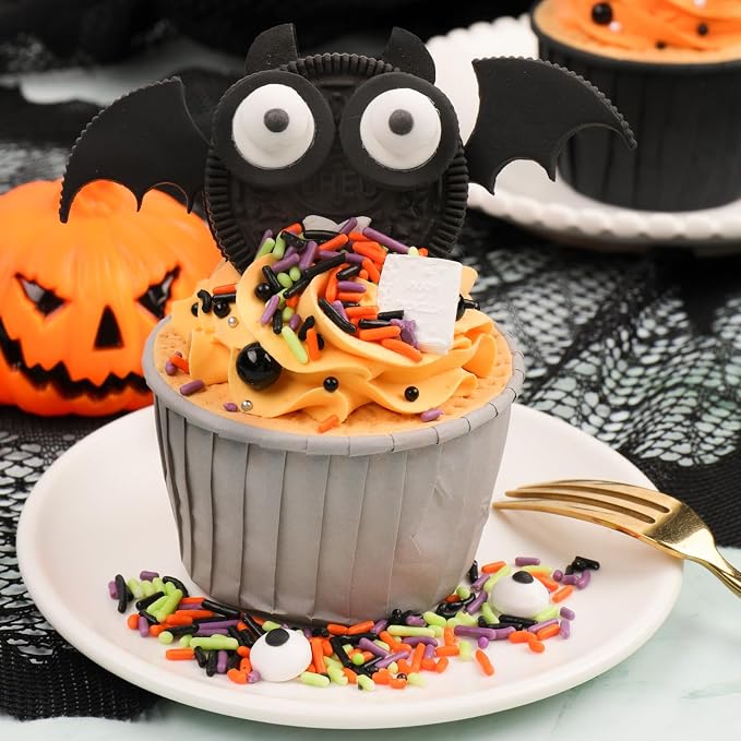 Halloween Sprinkles Edible for Cake Decorating, 8Oz Sprinkles with Black Orange Purple Nonpareils and Jimmies, Eyeball, Black Sugar and Orange Pumpkin for Cupcakes Cookie Ice Cream Baking Topping