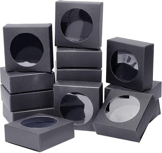 BENECREAT 24 Pack Kraft Paper Boxes with Clear Window 3x3x1.2 Black Kraft Gift Packaging Boxes for Bakery Cookies Cake Candy Wedding Party, Festival Gift Packaging