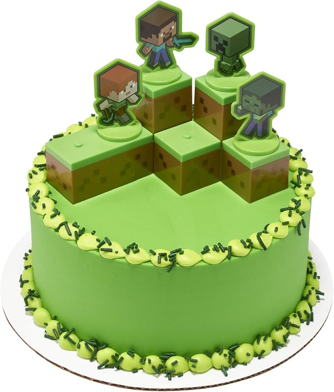 DecoSet® Mobs Beware Minecraft Cake-Topper, 6-Piece Stackable Cake-Decoration, Interlocking 3D Blocks With Characters, Food Safe Birthday Cake Decoration, 2.8 inches (W) x 2.8 inches (H) (Pack of 2)