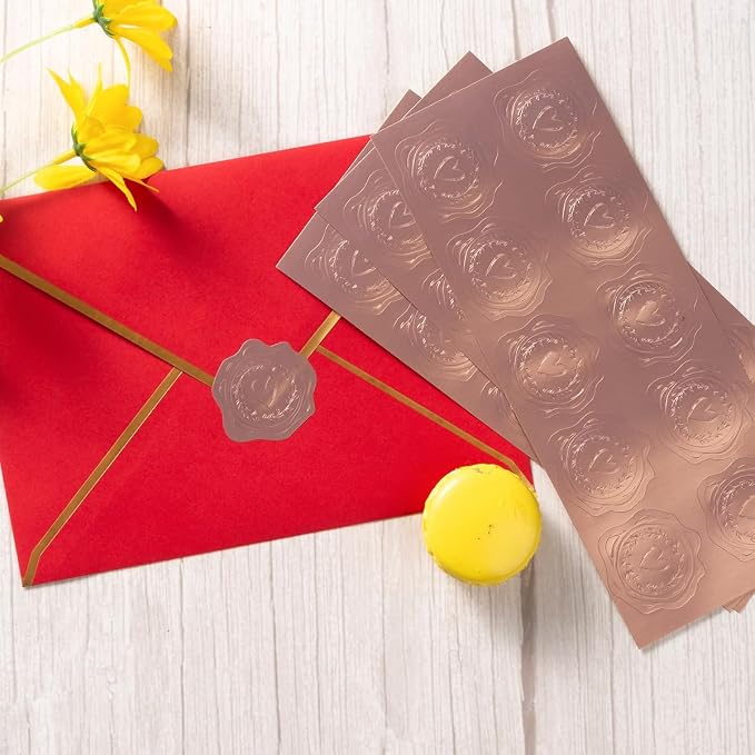 300 Pieces Embossed Gold Foil Stickers, Rose Gold Heart-Love | For Envelopes, Wedding Invitations, Christmas Greeting Cards
