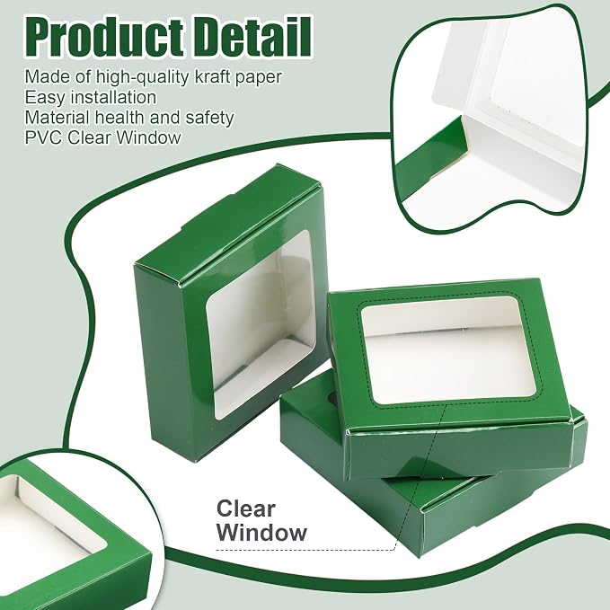 Zonon 30 Pcs Kraft Paper Boxes with Window 4.13 x 4.13 x 1.18 Inch Candy Packaging, Small Gift Boxes, Soap holder, Mini Treat Packaging for Bakery Chocolate Jewelry Display (Dark Green)