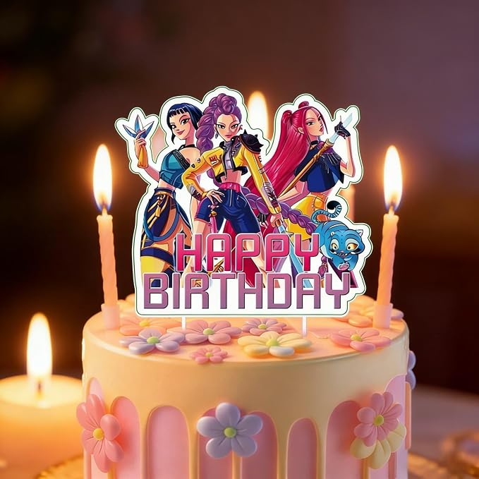 25 Pcs Demon Movie Hunters Cake Decorations, Include 1 Happy Birthday Cake Toppers, 24 cupcake Topper for Demon Movie Hunters Birthday Decorations