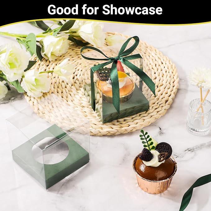 EUSOAR Clear Cupcake Boxes, 3.5 Inch 50 Pack Muffins Gift Wrappers Cake Containers with Inserts and Ribbon, Dessert Pastry Holder Disposable Cookies Carrier for Wedding Party Favor Bakery-Green